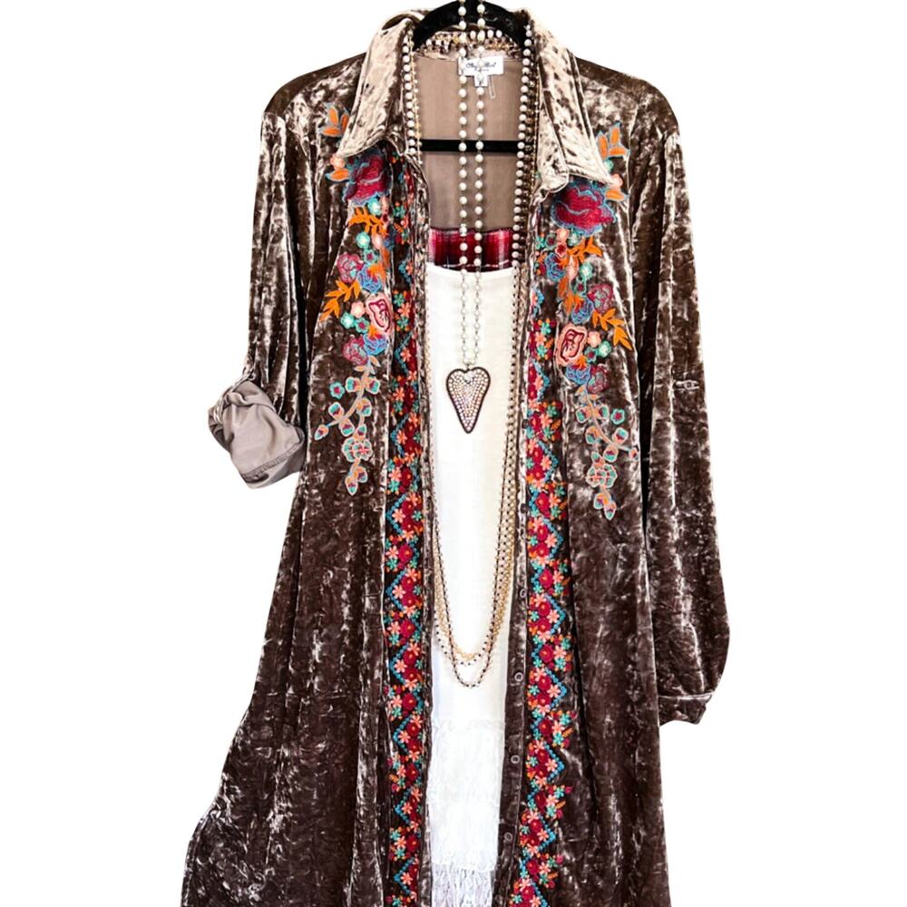Angel Heart Boutique AHB Long Crushed Velvet Plaid Back Duster/Dress Embroidered